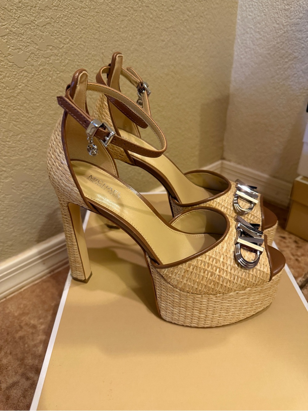 Michael Kors Tan Woven Platform Sandals with Logo Accent